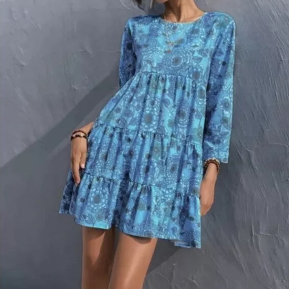Zara Women's Blue Floral 3/4 Sleeve Mini Dress Size Large Ruffle Casual